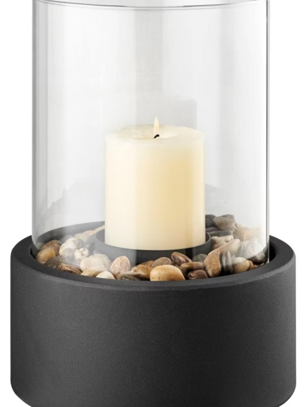 Black Glass Hurricane Candle Holder with Ivory Pillar Candle and Pebble Accent